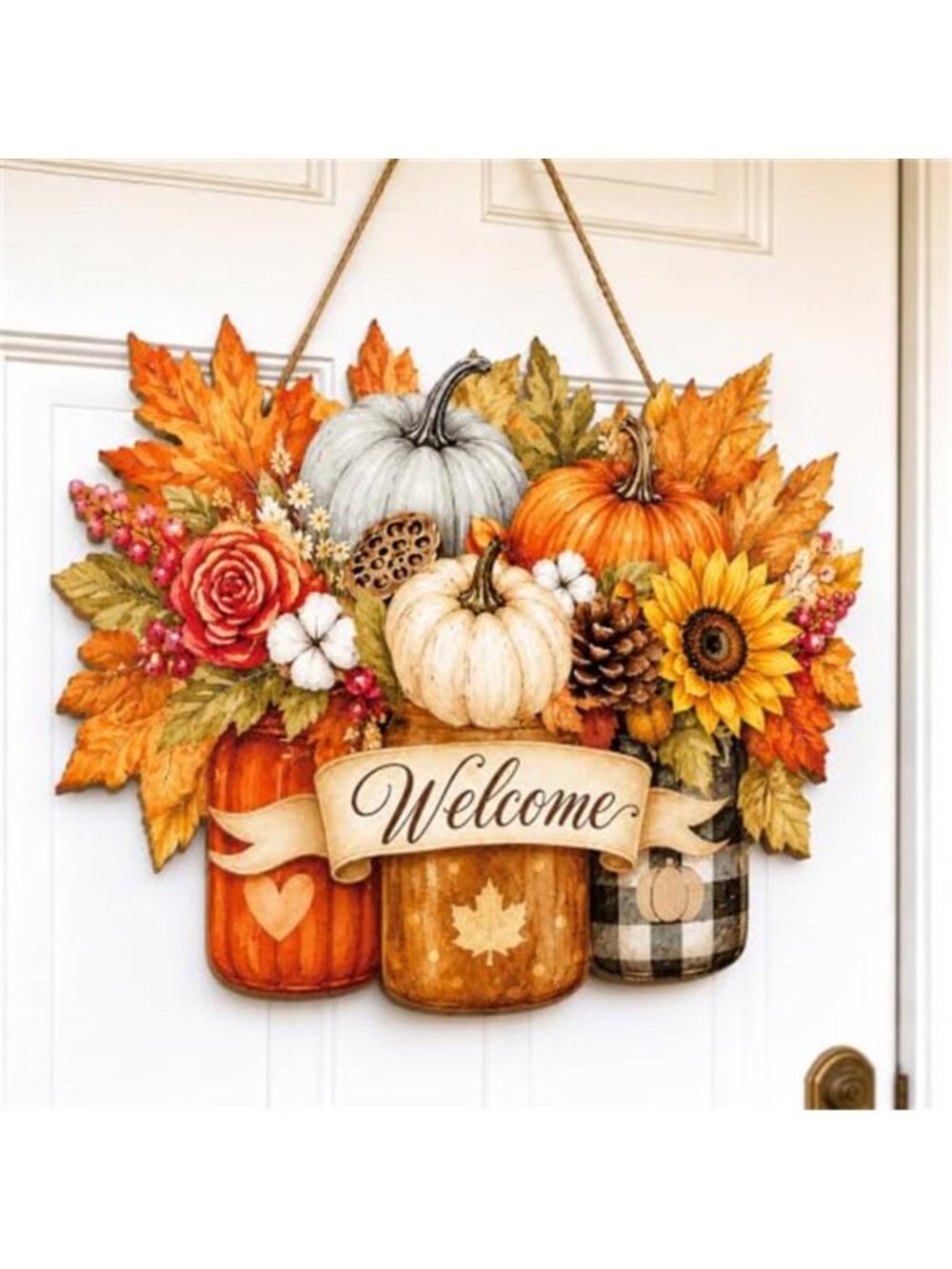 Fall Door Decor Wooden Pumpkin Door Hanger Welcome Sign for Front Door